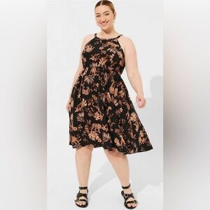 EUC Torrid Mini Challis Halter Neck Hi-Low Dress Black Roaming Leopard Pattern